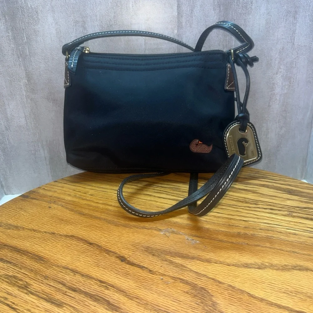 DOONEY & BOURKE Black Nylon Leather Trim Crossbody Purse Gold Charm Duck Logo